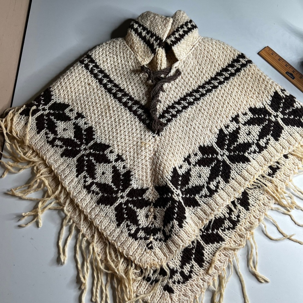 Vintage Hand Knit Poncho Cream Brown Snowflake Fringe Lace Up Boho Wrap